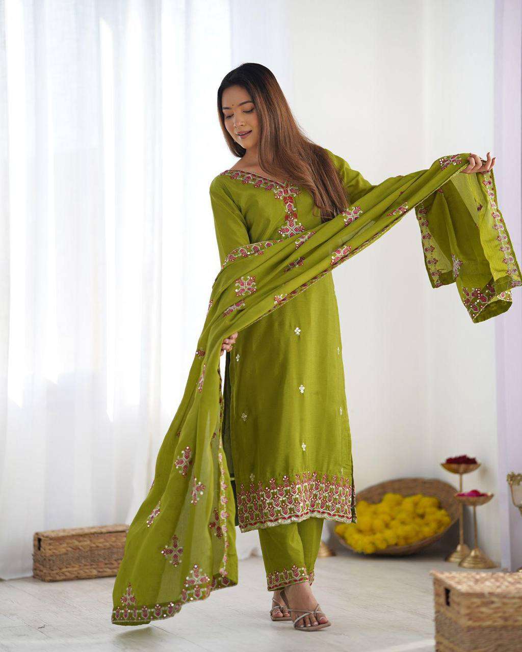 Women's Chinnon Silk Embroidery Sequence Work and Lace Work Straight Kurti With Pant and Dupatta - Image 6